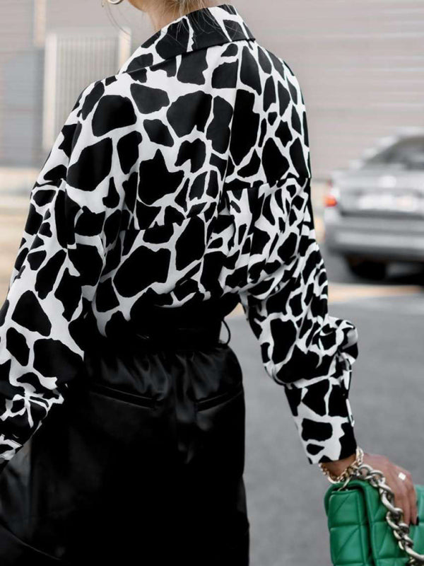 Women’s Abstract Bright Print Off Shoulder Puff Sleeve Button Cuffs Shirt