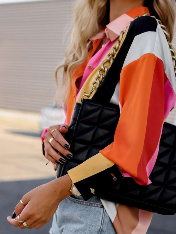 Women’s Abstract Bright Print Off Shoulder Puff Sleeve Button Cuffs Shirt