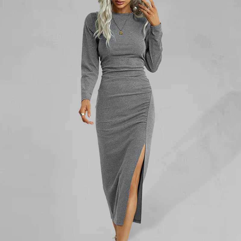 Women's Solid Color Round Neck Slim Long Sleeve Slit Dress