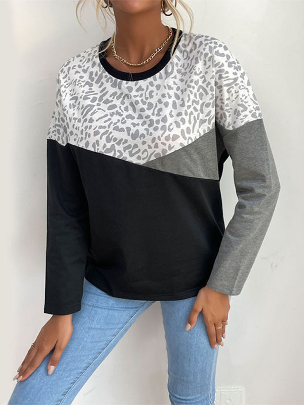Women's Color Block Faux Leopard Print Pullover Shirt Top
