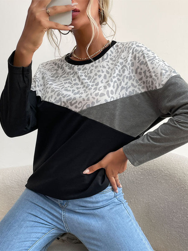 Women's Color Block Faux Leopard Print Pullover Shirt Top
