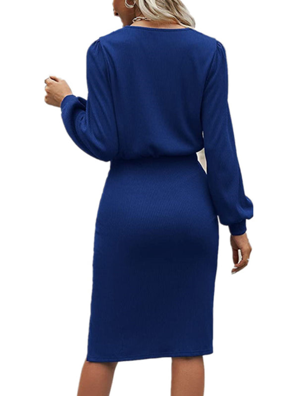 Women’s Solid Color Crew Neck Puff Sleeve Ruched Slit Hem Midi Dress