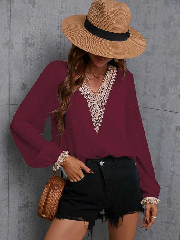 Women's Sweet Dream Solid Color V Neck Lace Trim Polka Dot Puff Sleeve Top