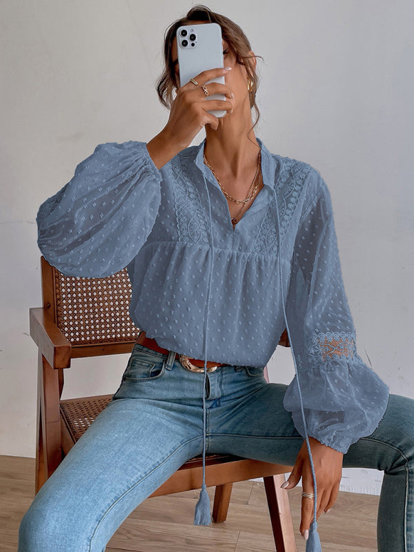 Women's Solid Color Split Neck With Ties Long Sleeve Lace Trim Blouse