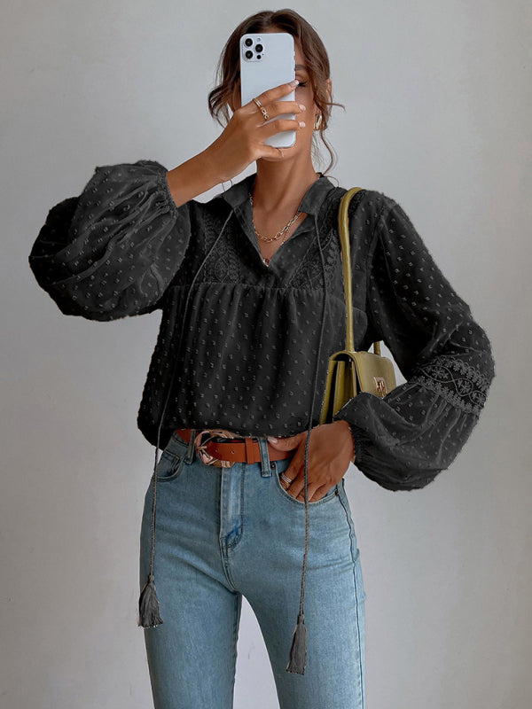 Women's Solid Color Split Neck With Ties Long Sleeve Lace Trim Blouse