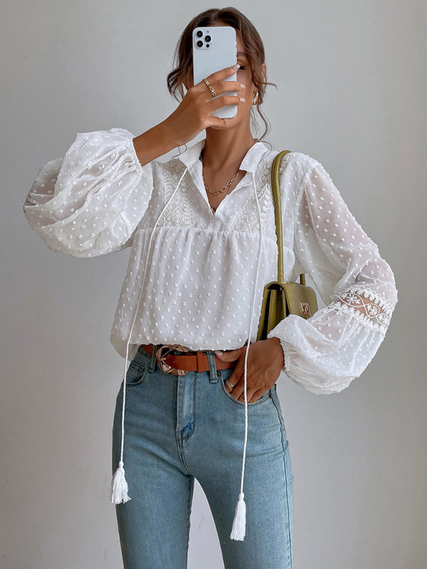 Women's Solid Color Split Neck With Ties Long Sleeve Lace Trim Blouse