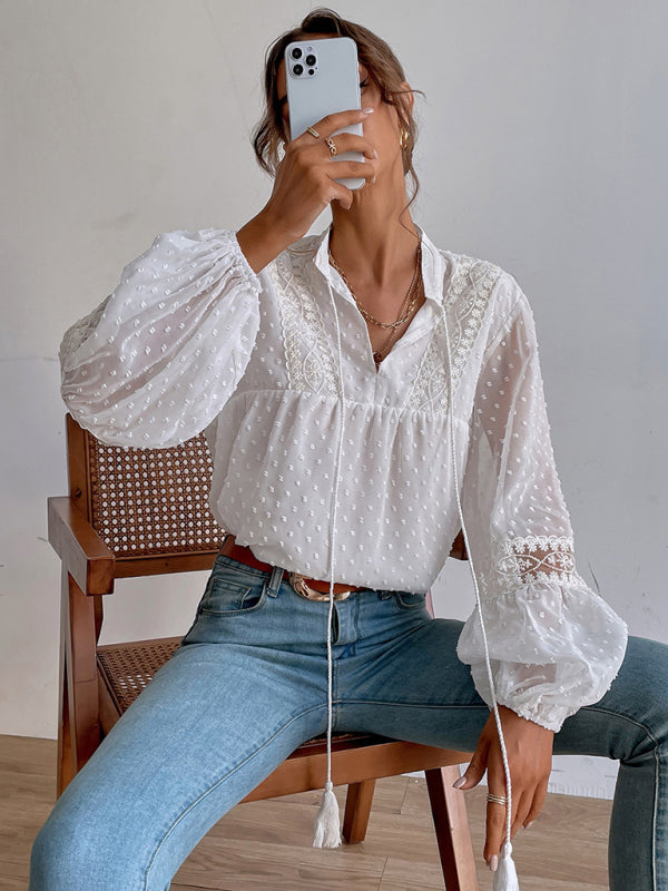 Women's Solid Color Split Neck With Ties Long Sleeve Lace Trim Blouse