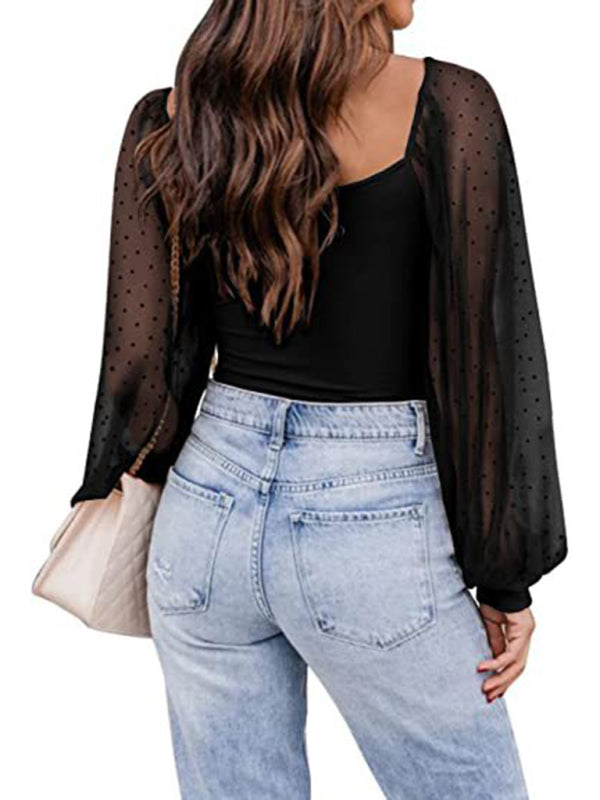Women’s Solid Color Polka Dot Lace Sleeve Top
