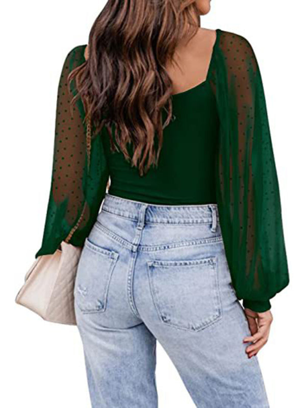Women’s Solid Color Polka Dot Lace Sleeve Top