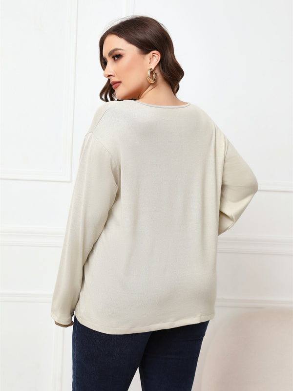 Women's Solid Color Off Neck Plus Size Long Sleeve Top