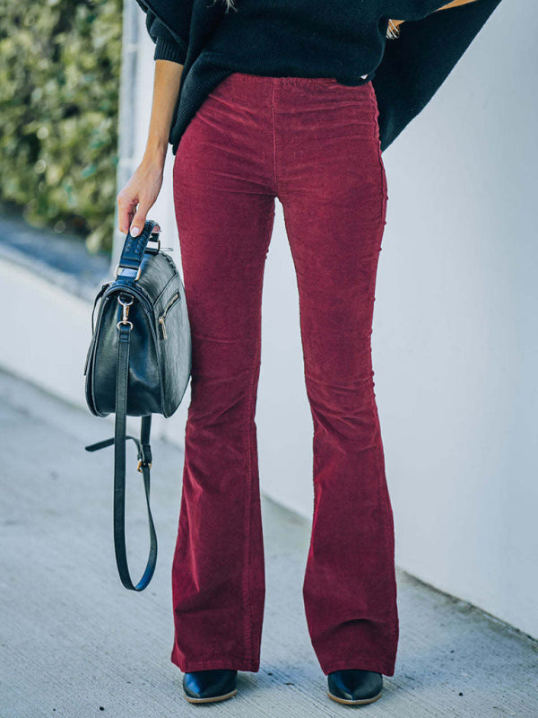Women's Solid Color Pull On Flared Leg Corduroy Pants