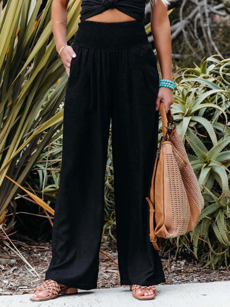 Women's Solid Color Smocked Waist Side-seam Pockets Wide Leg Pants