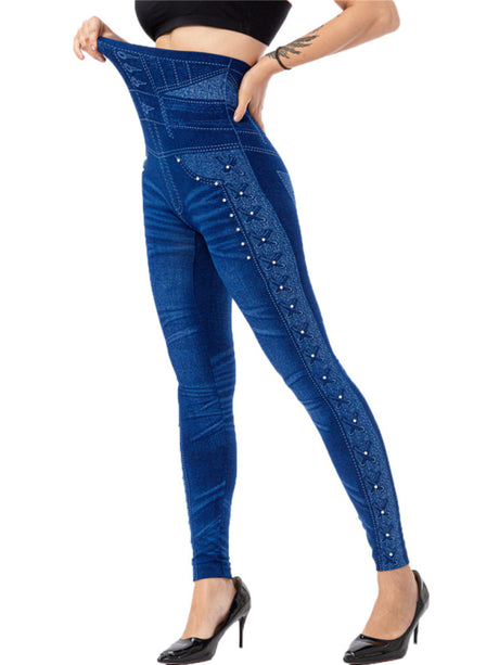 Women's Solid Color High Waist Studded Waist Detail Pull On Leggings