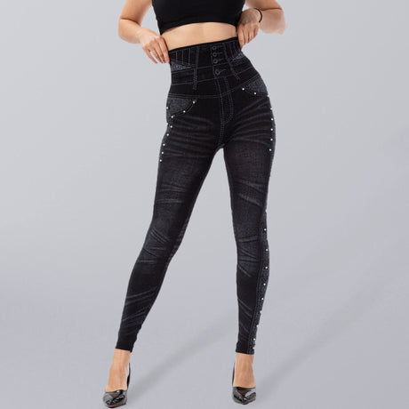 Women's Solid Color High Waist Studded Waist Detail Pull On Leggings