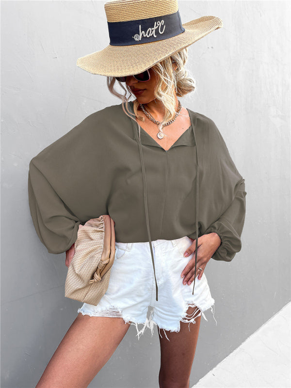Women's Solid Color Tie Neck Balloon Sleeve Blouse