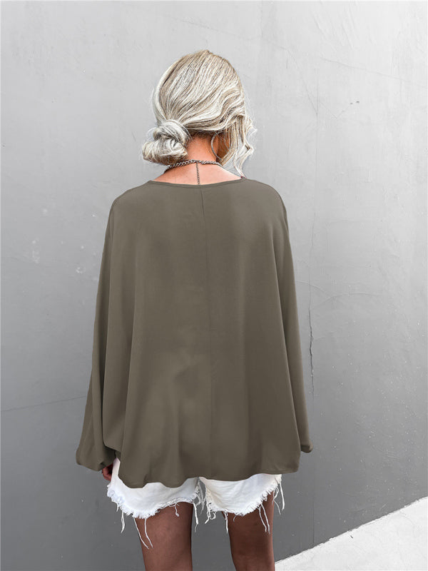 Women's Solid Color Tie Neck Balloon Sleeve Blouse