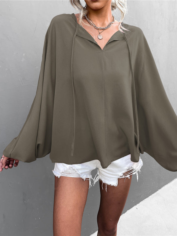 Women's Solid Color Tie Neck Balloon Sleeve Blouse
