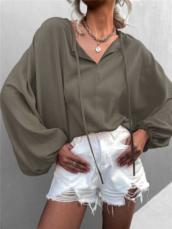 Women's Solid Color Tie Neck Balloon Sleeve Blouse