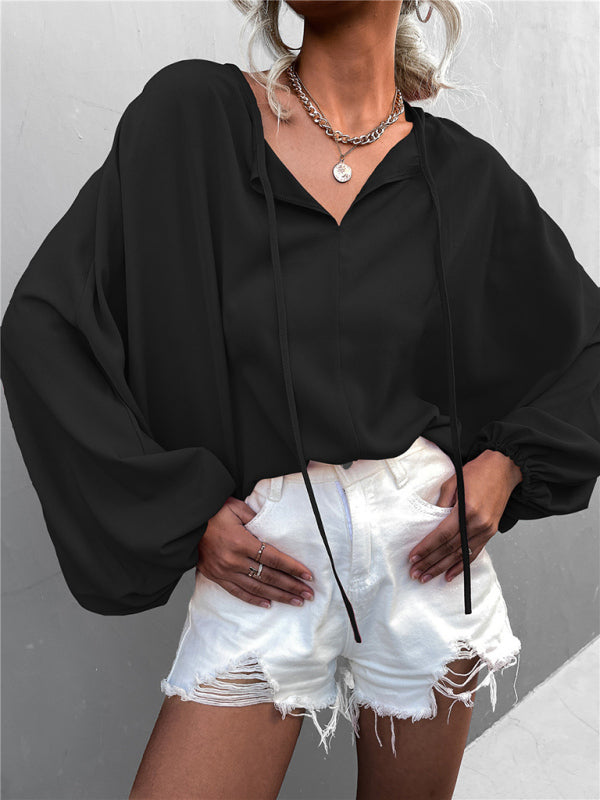 Women's Solid Color Tie Neck Balloon Sleeve Blouse