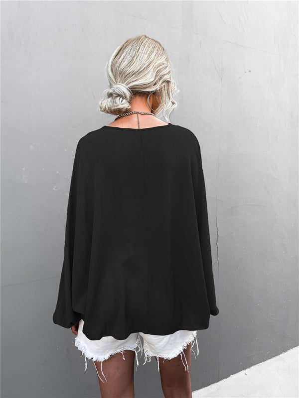 Women's Solid Color Tie Neck Balloon Sleeve Blouse