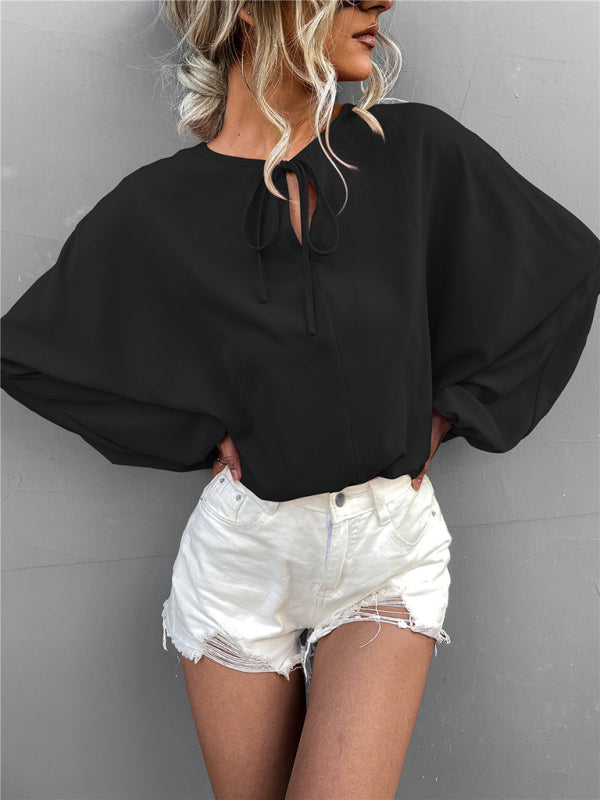 Women's Solid Color Tie Neck Balloon Sleeve Blouse