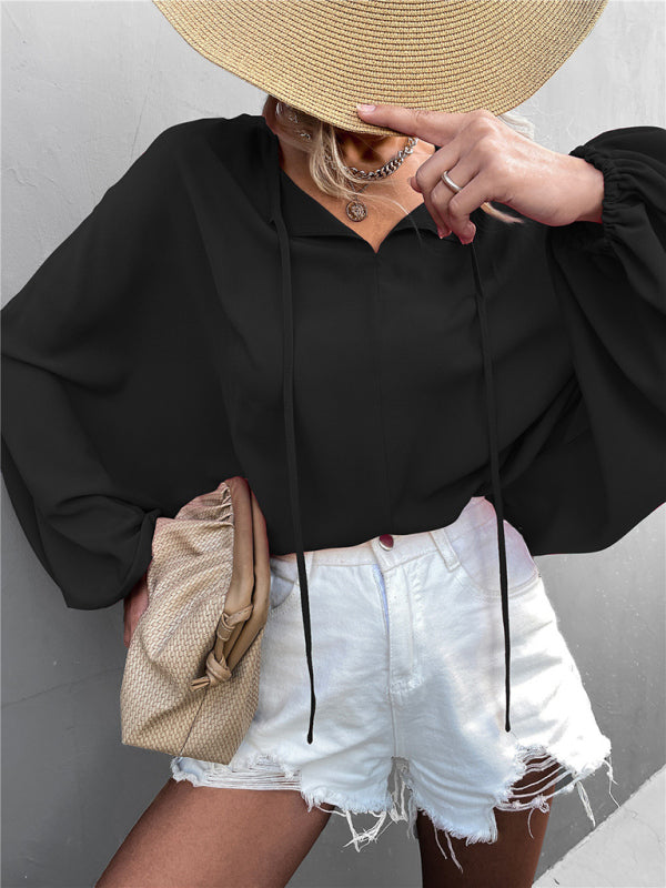 Women's Solid Color Tie Neck Balloon Sleeve Blouse