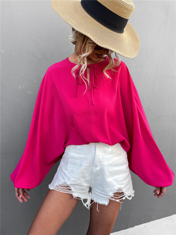 Women's Solid Color Tie Neck Balloon Sleeve Blouse