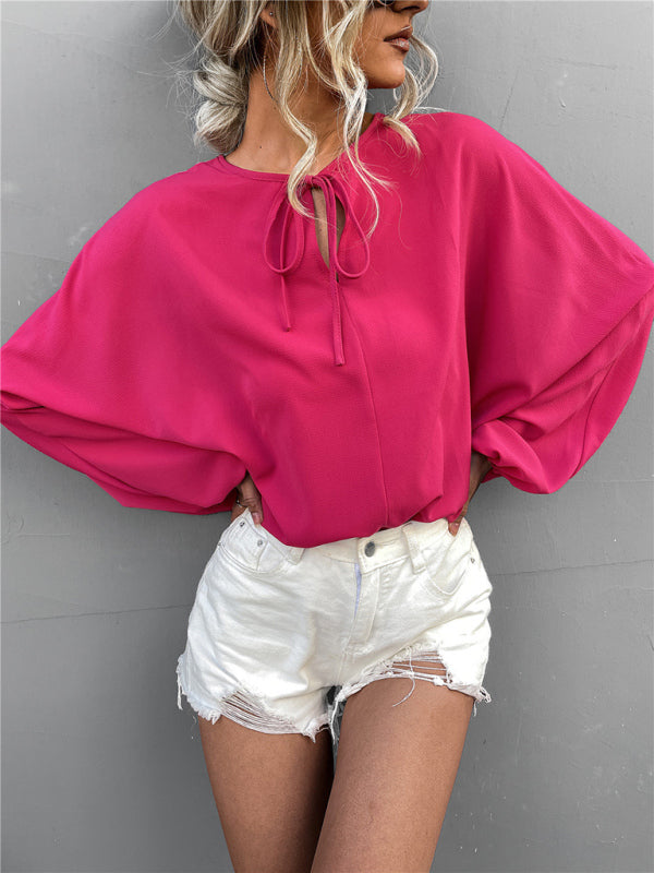 Women's Solid Color Tie Neck Balloon Sleeve Blouse