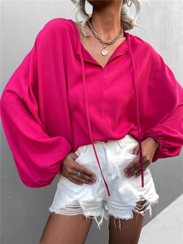 Women's Solid Color Tie Neck Balloon Sleeve Blouse