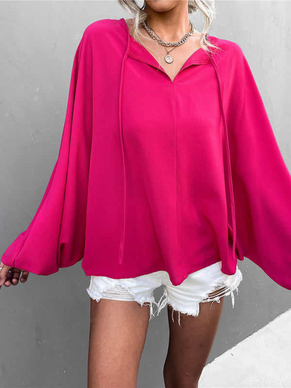Women's Solid Color Tie Neck Balloon Sleeve Blouse