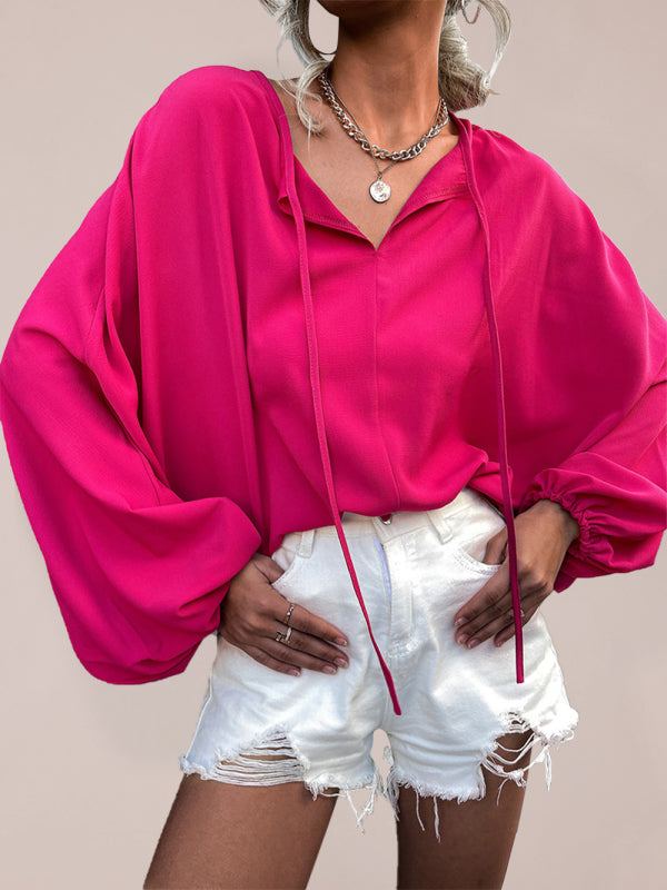 Women's Solid Color Tie Neck Balloon Sleeve Blouse