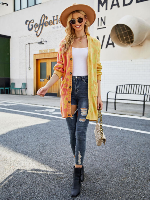 Women's Color Block Leopard Print Pattern Cardigan