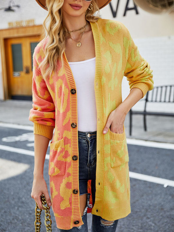 Women's Color Block Leopard Print Pattern Cardigan