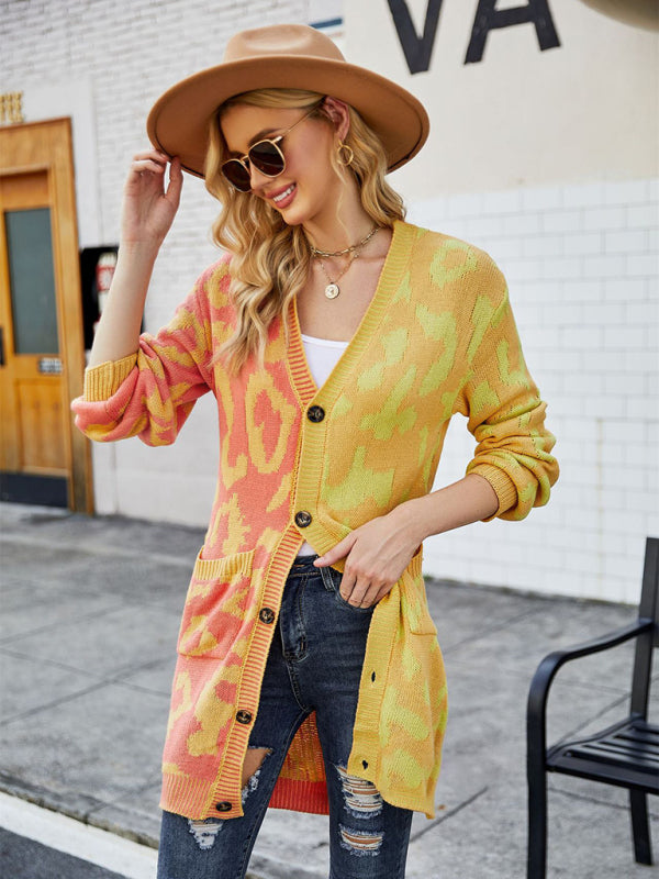 Women's Color Block Leopard Print Pattern Cardigan