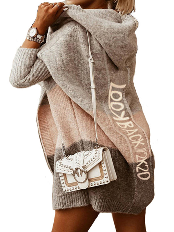 Women's Color Block Waterfall Hooded Open-front Sweater Cardigan
