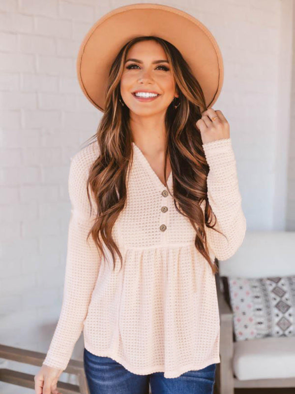 Women's Solid Color Button Up V Neck Babydoll Waffle Knit Top