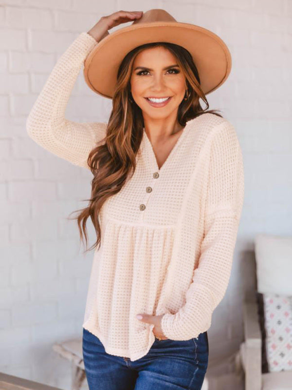 Women's Solid Color Button Up V Neck Babydoll Waffle Knit Top
