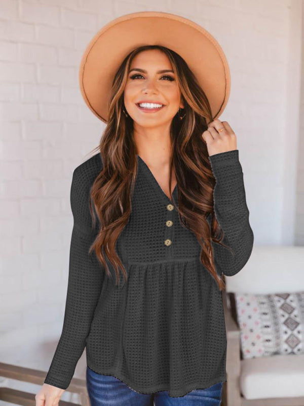 Women's Solid Color Button Up V Neck Babydoll Waffle Knit Top