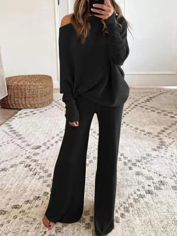 Opulence Emporion Casual Solid Color Off Shoulder Knit Suit
