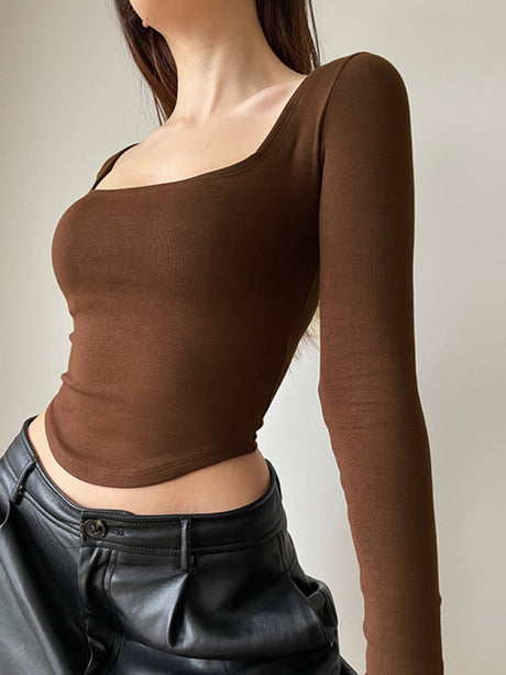 Women's Solid Color Long Sleeve Square Neckline Cropped Top