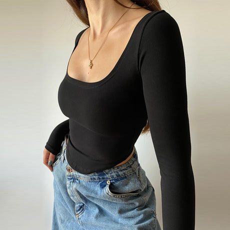 Women's Solid Color Long Sleeve Square Neckline Cropped Top