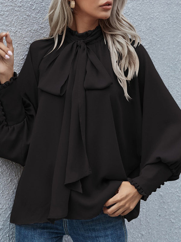 Women's Solid Color Puff Sleeve Bow Tie Blouse