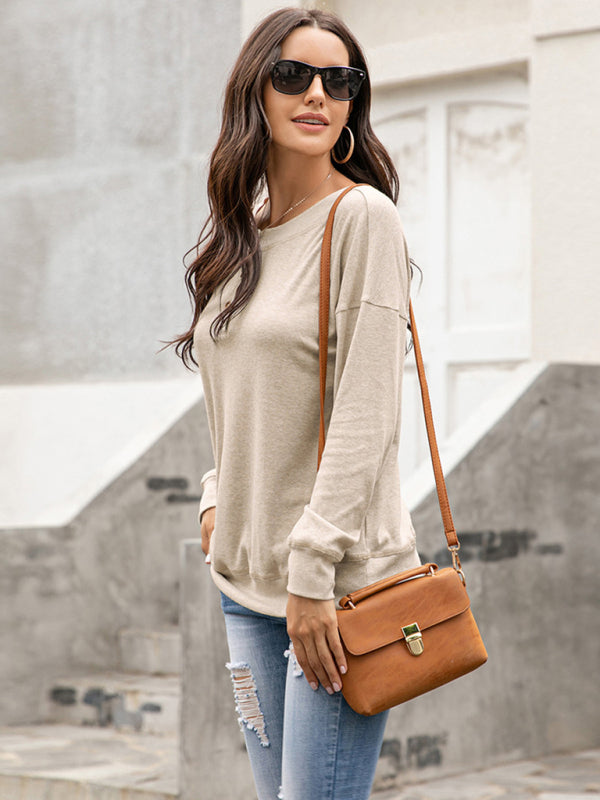 Women's Solid Color Brushed Knit Crewneck Long Sleeve Top