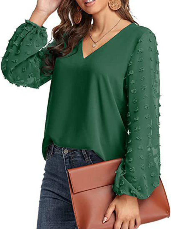 Women's Solid Color V Neck Dotted Sheer Sleeve Top