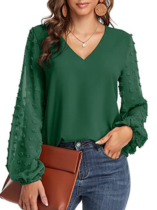 Women's Solid Color V Neck Dotted Sheer Sleeve Top
