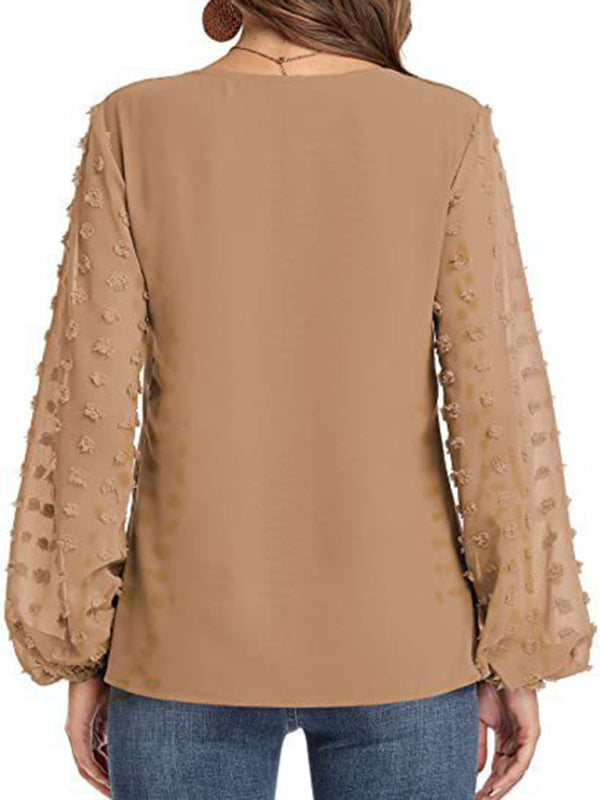 Women's Solid Color V Neck Dotted Sheer Sleeve Top