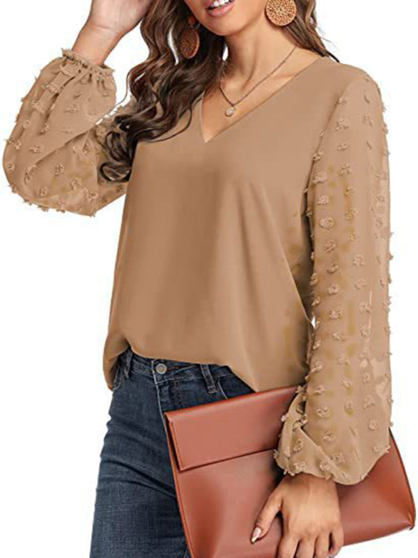 Women's Solid Color V Neck Dotted Sheer Sleeve Top