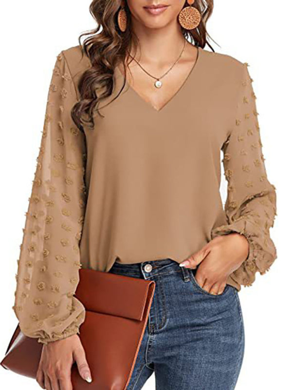 Women's Solid Color V Neck Dotted Sheer Sleeve Top