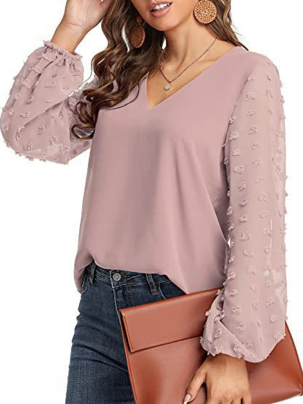 Women's Solid Color V Neck Dotted Sheer Sleeve Top