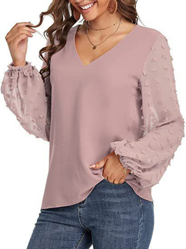 Women's Solid Color V Neck Dotted Sheer Sleeve Top